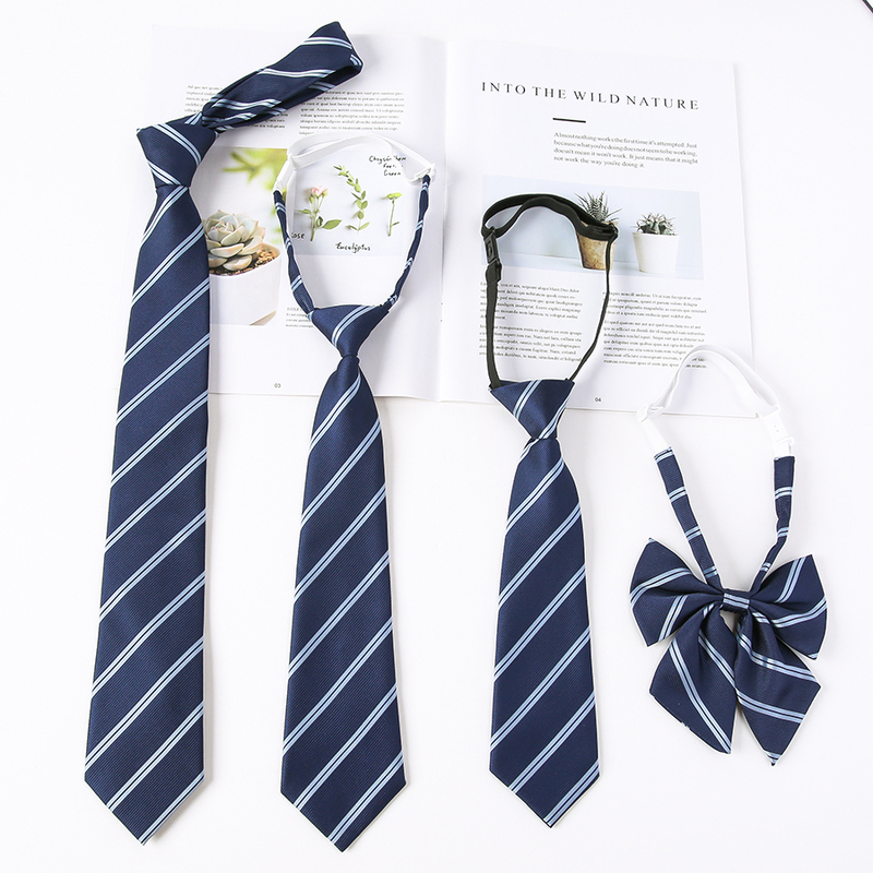Blue Tie, Pre-Tied Shirt Accessory, Japanese Style Striped Academic Uniform Tie, Women's Hand-Tied, Men's