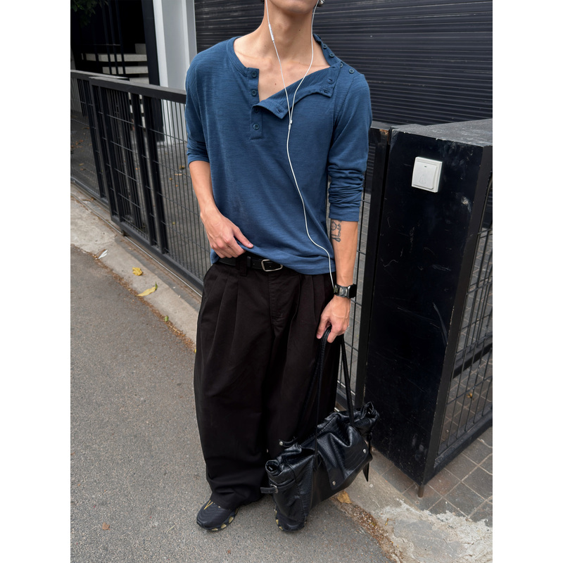 Atmoswrap Casual Irregular Multi-Button Design Bamboo Cotton Henley Collar Long-Sleeve T-Shirt for Men Autumn