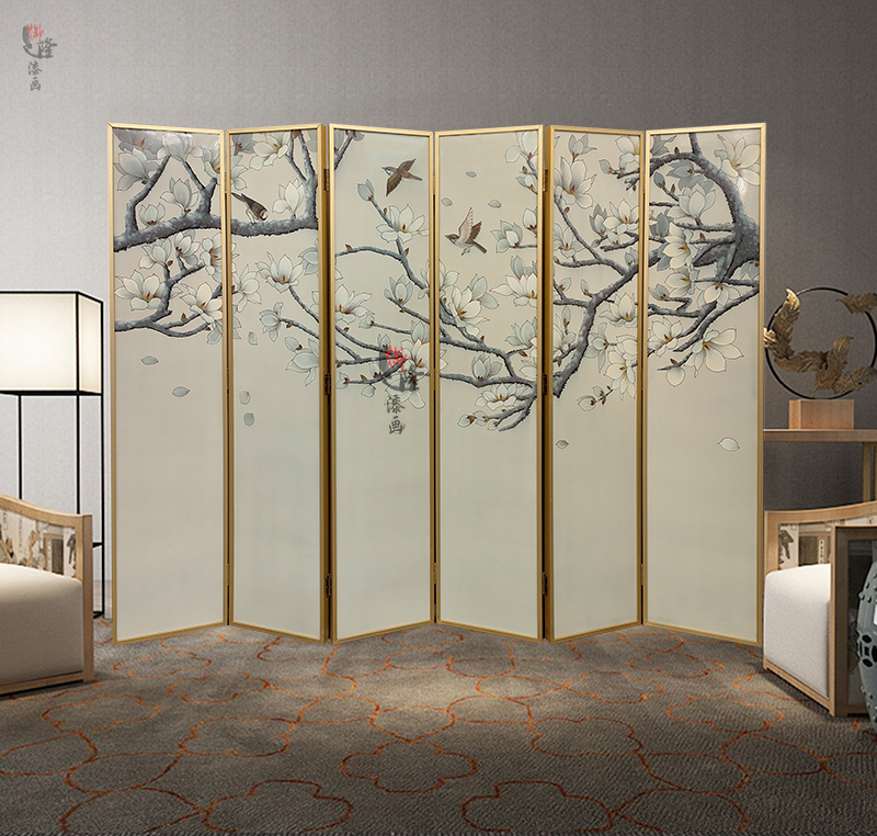 Hand-painted Lacquer Painting Screen New Chinese Mobile Folding Screen Solid Wood Screen Partition Living Room Entrance Genguan TV Background Wall