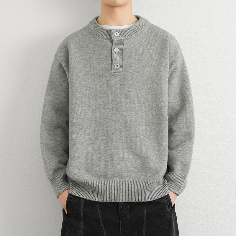 Light Gray Men's Sweater, Autumn and Winter Style, Trendy Brand, Loose Button-Up Knitwear, High-End Feel, Youth Fleece-Lined Thick Sweater