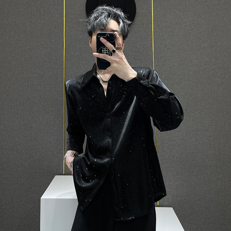 High-End Starry Long-Sleeve Shirt for Men, Spring and Autumn, Niche, Cool and Luxurious, Loose Fit, Gold Foil Sequin Shirt for Men