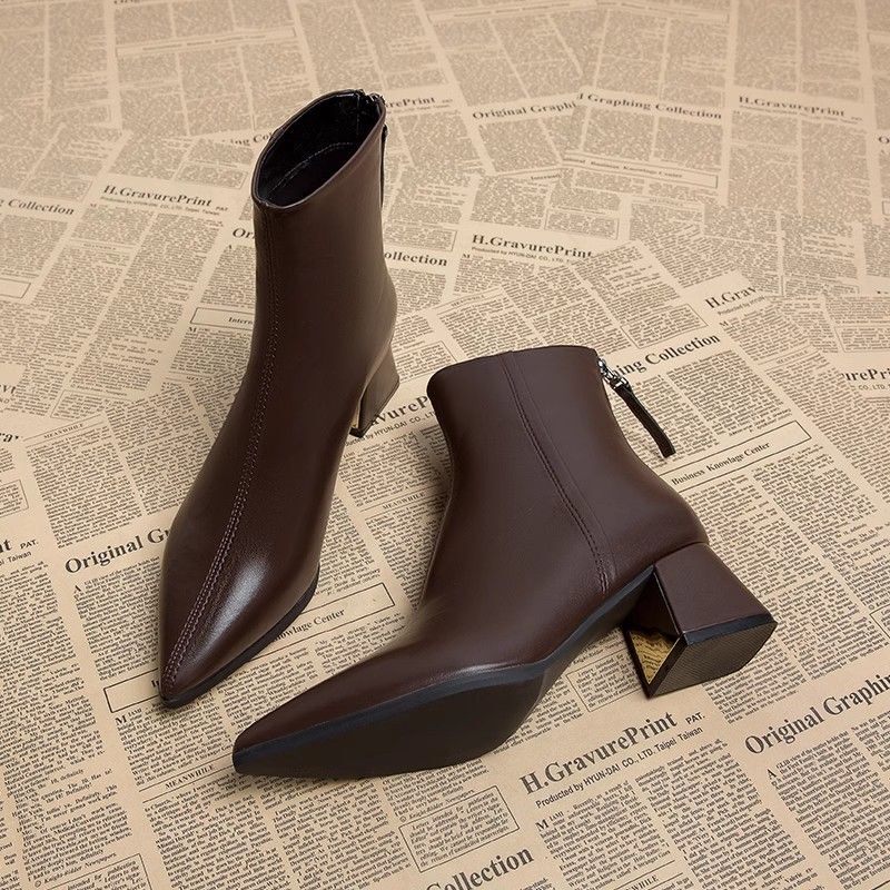 Soft Leather Pointed Toe Short Boots for Women 2025 New Spring and Autumn Single Boots Chunky Heel Medium Heel Slim Autumn and Winter High Heel Boots Ankle Boots Soft Leather Pointed Toe Short Boots for Women 2025 New Spring and Autumn Single Boots Chunky Heel Medium Heel Slim Autumn and Winter High Heel Boots Ankle Boots
