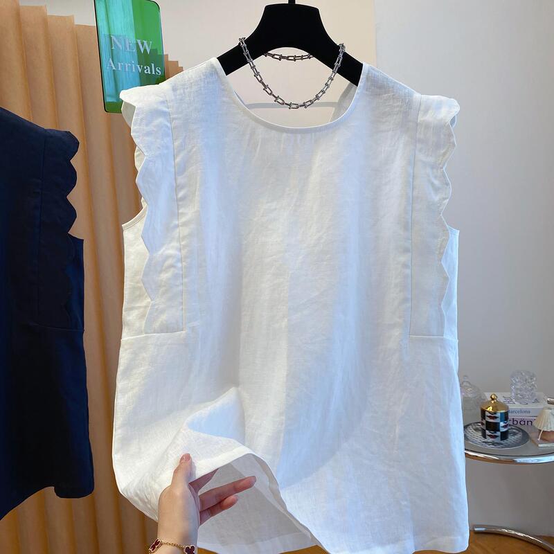 Plus Size 150kg Cotton and Linen Sleeveless Vest Top for Women, New Summer Style, Loose and Stylish, with Small Flutter Sleeves, Women's Shirt Plus Size 150kg Cotton and Linen Sleeveless Vest Top for Women, New Summer Style, Loose and Stylish, with Small Flutter Sleeves, Women's Shirt