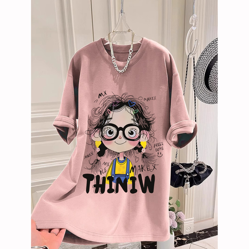 Plus Size 150kg Chubby Girl Cartoon Cotton Short-Sleeve T-Shirt for Women, New Summer Loose Mid-Length Top for Women Plus Size 150kg Chubby Girl Cartoon Cotton Short-Sleeve T-Shirt for Women, New Summer Loose Mid-Length Top for Women