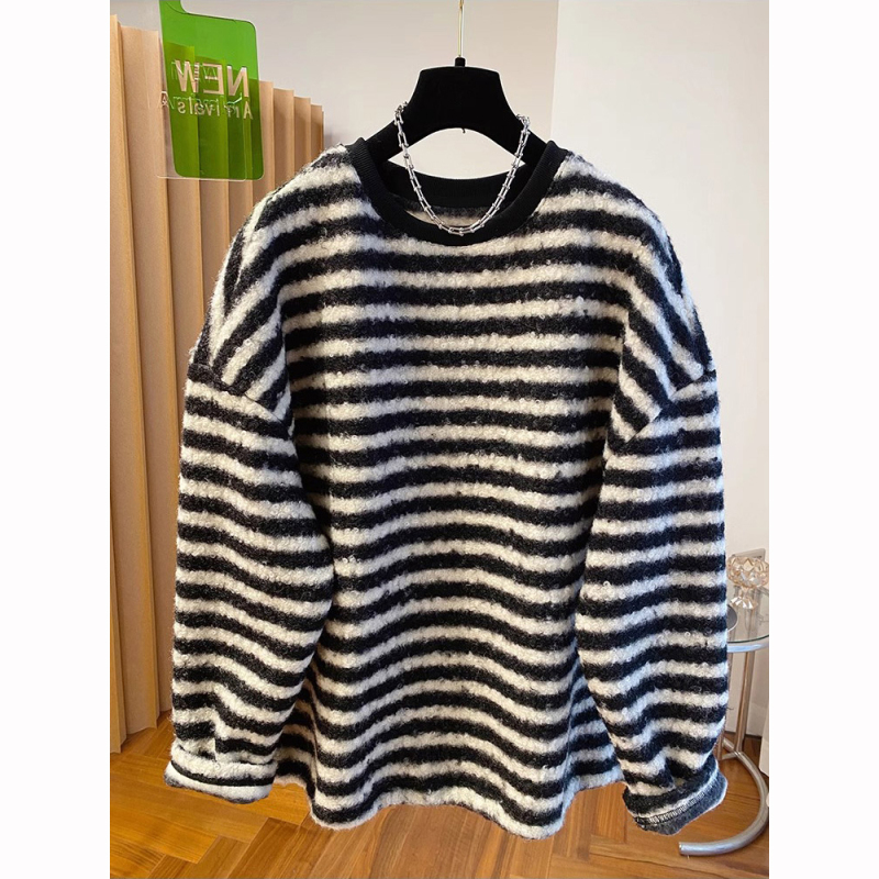 Fleece-Lined Thick Lamb Wool Sweatshirt for Women, Autumn and Winter 2025 New Style, Loose Fit, Slimming, Color-Blocked Striped Lamb Wool Jacket, Trendy
