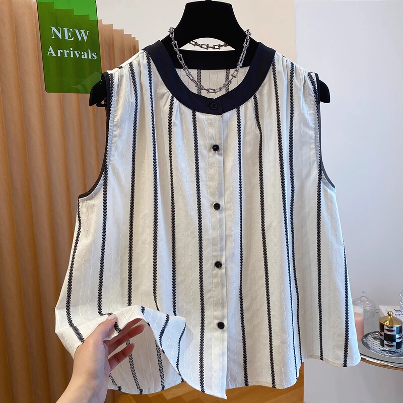 Plus Size 150kg Loose Sleeveless Striped Shirt Top for Women, Summer 2025 New Style Vest, Stylish Blouse Plus Size 150kg Loose Sleeveless Striped Shirt Top for Women, Summer 2025 New Style Vest, Stylish Blouse