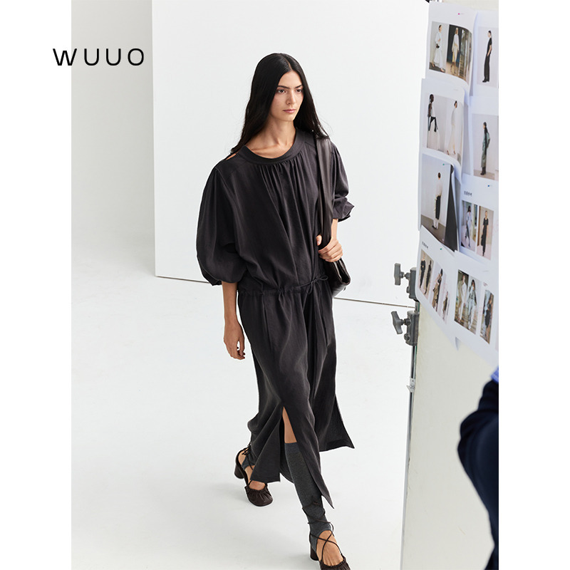 Wuuo Lemair* Air-Dry Silk Dress, Long Style, Long Sleeves, French Style, Elegant, Waist-Cinching, Loose, Off-Shoulder Dress, Spring