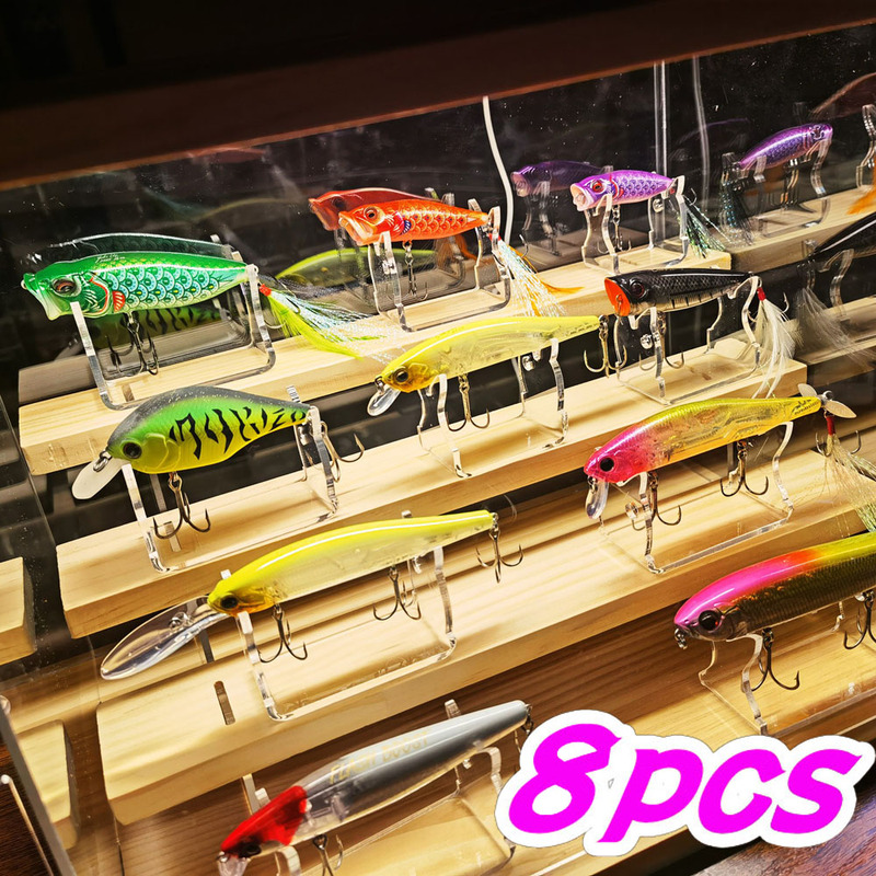 8 Lure Fishing Rods, Minnow Hard Baits, Wave Crawler Pencil Lures, Fishing Bait Display Rack Box, Accessories for Hanging