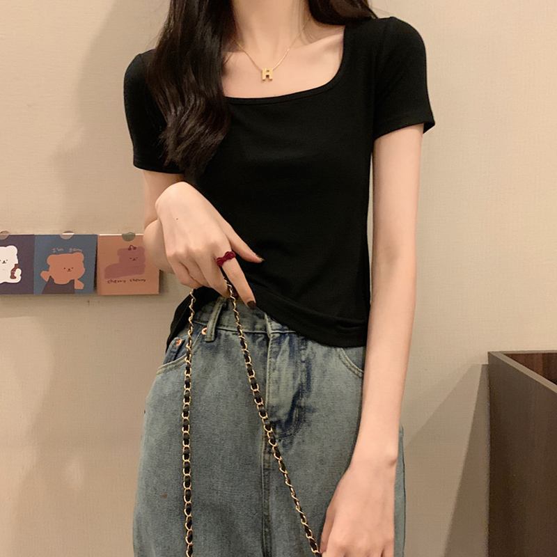 Korean Style Slimming Square-Neck Ribbed Short-Sleeve T-Shirt for Women, Summer 2026 New Slim-Fit Inner Wear with Exposed Collarbone