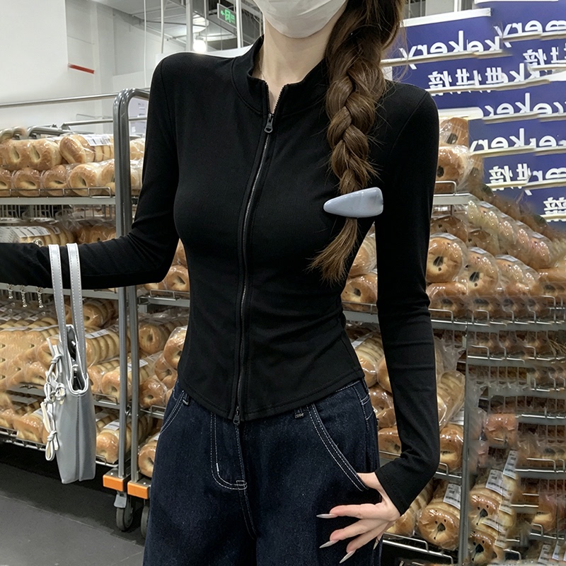 Sweet and Cool Spicy Girl Slim-Fit Half-High Collar Long-Sleeve Base T-Shirt Women's Zip-Up Cardigan Short Jacket Black Top ins