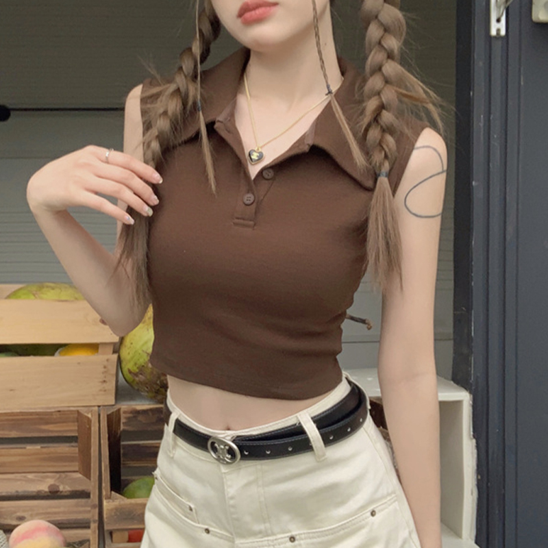 Petite Spicy Girl Half-Open V-Neck Button Versatile Polo Sleeveless T-Shirt Outerwear Vest Women's Hong Kong Style Lapel Short Top Petite Spicy Girl Half-Open V-Neck Button Versatile Polo Sleeveless T-Shirt Outerwear Vest Women's Hong Kong Style Lapel Short Top