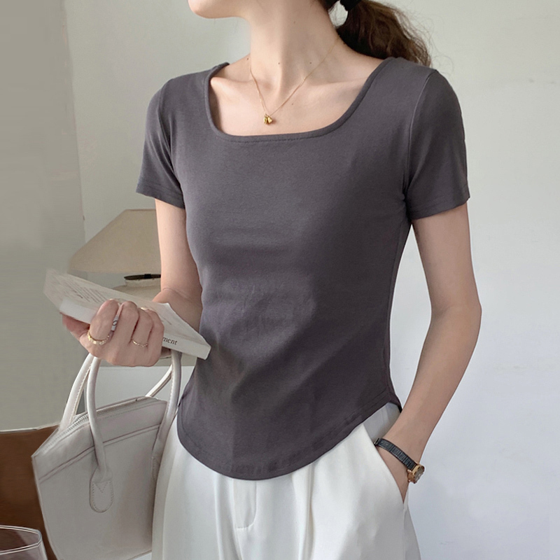 Niche Collarbone-Baring Square-Neck Short-Sleeve T-Shirt for Women, Summer Korean Style, Elegant, Slim-Fit, Simple, Versatile, Curved Hem Top Tee