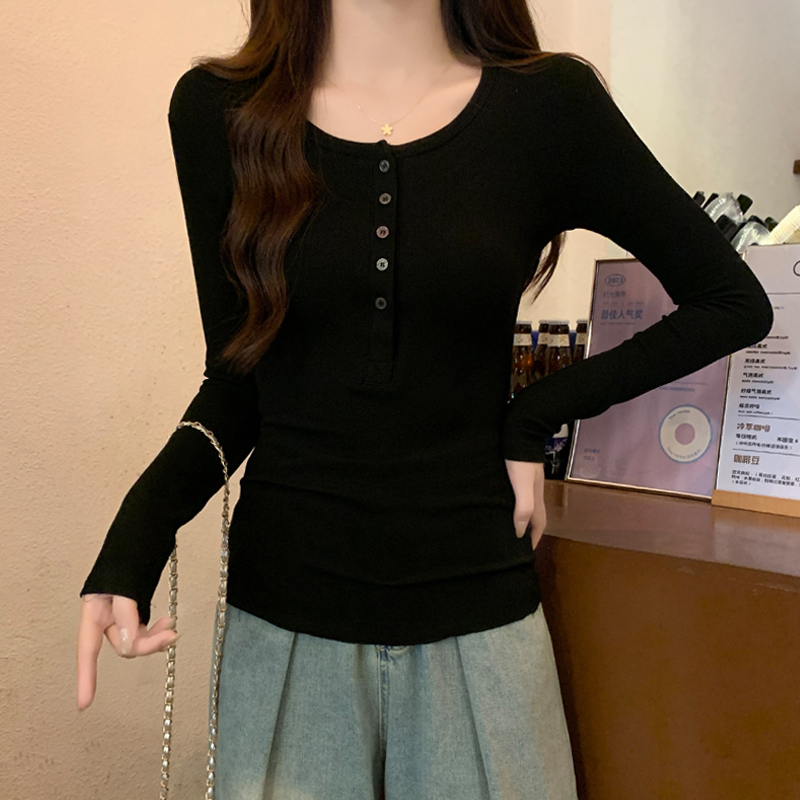 Hong Kong Style Retro Round Neck Button Design Black Base Shirt Long-Sleeved T-Shirt for Women Spring, Autumn and Winter Ribbed Slim Fit Top