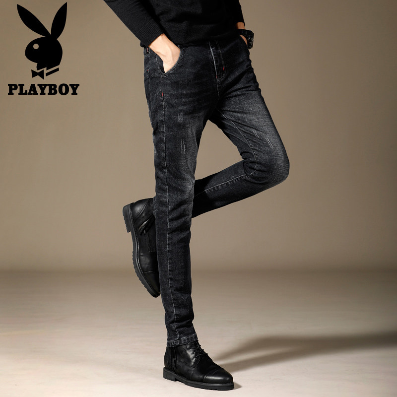 Playboy black jeans men's slim feet spring and autumn 2023 new trendy brand long pants men's clothing