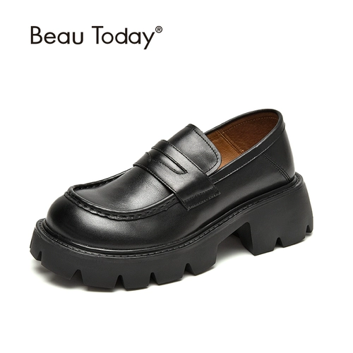 BeauToday Лоферы на платформе, черная обувь в английском стиле для кожаной обуви, из натуральной кожи, в британском стиле