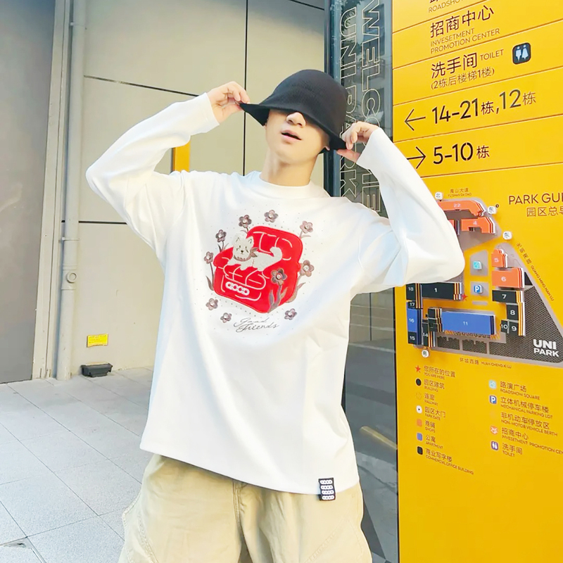 Lao Bai's Same Style Goodbrand2025Fw Leather Patch Towel Embroidery Rhinestone Dog Pattern Long-Sleeve T-Shirt Base Shirt