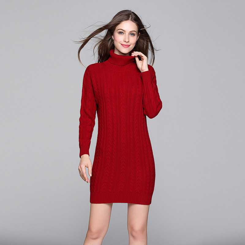 Autumn Winter New Cashmere Sweatshirt Woman High Collar Medium Long Version Foreign Dress Pure Color Inner Lap Coat Thickened Sweater Skirt K208