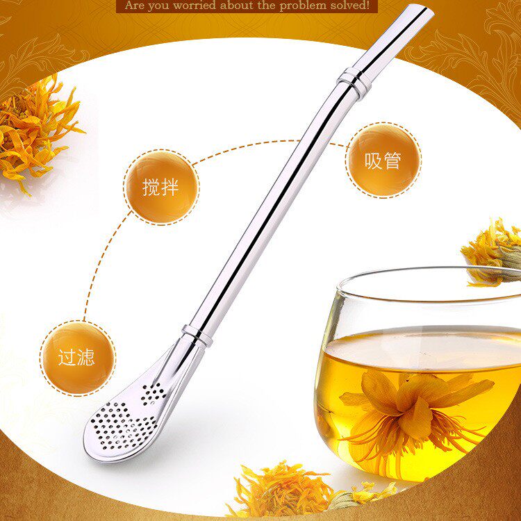 304 stainless steel beverage straw spoon Coffee extended tea filter straw spoon Mixing spoon