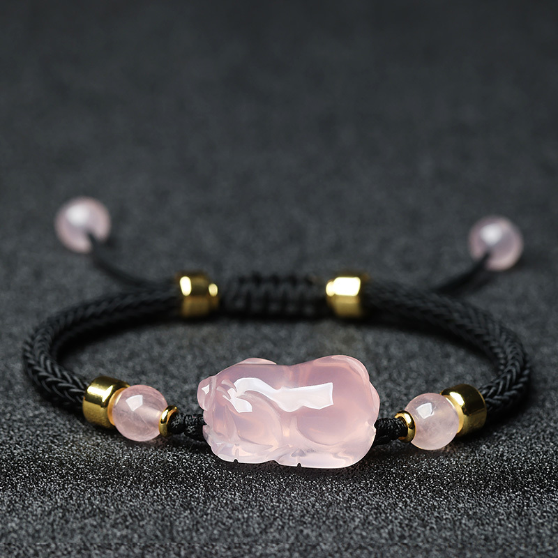 Pink Crystal Bracelet with Pig, Ox, Rat, and Rabbit Zodiac Symbols, Red String Woven with Hibiscus Stone, Pink Crystal Zodiac Bracelet, Gift for Girlfriend or Best Friend
