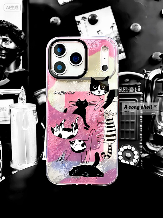 Iridescent Pink Textured Shimmering Graffiti Cat iPhone Case