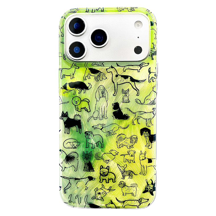Lime Green Gradient Black Line Art Dog Pattern iPhone Case