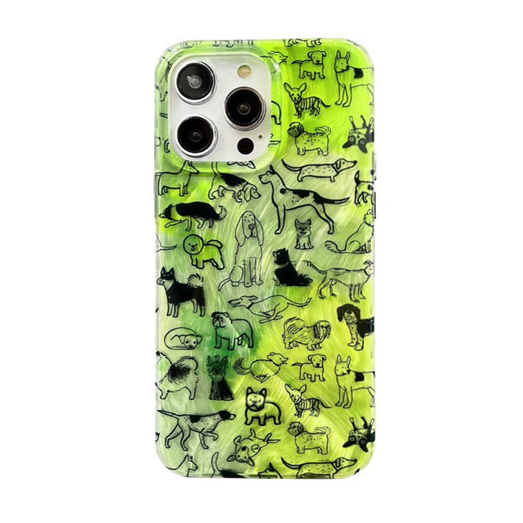Lime Green Gradient Black Line Art Dog Pattern iPhone Case
