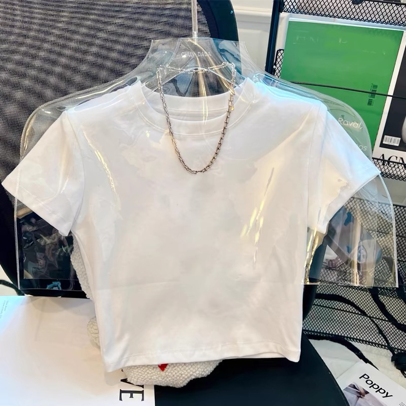 White High-Waisted Cropped Short-Sleeve T-Shirt for Women, Summer Slim-Fit Short Top, Sweet and Spicy Chic Hong Kong Style Trendy Top