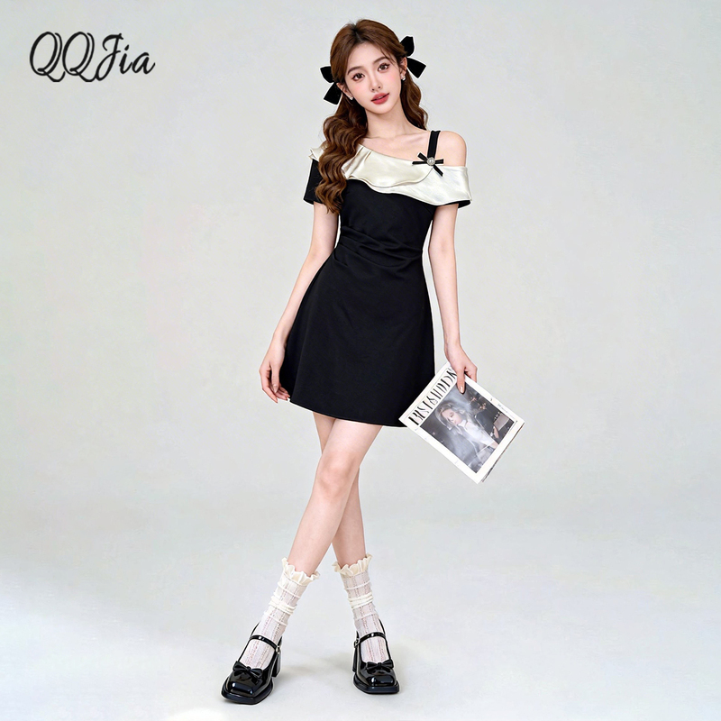 Qiuqiu's French-Style Off-Shoulder Dress for Women, Summer Petite Miu-Style Elegant Waist-Cinching Birthday A-Line Short Dress Qiuqiu's French-Style Off-Shoulder Dress for Women, Summer Petite Miu-Style Elegant Waist-Cinching Birthday A-Line Short Dress