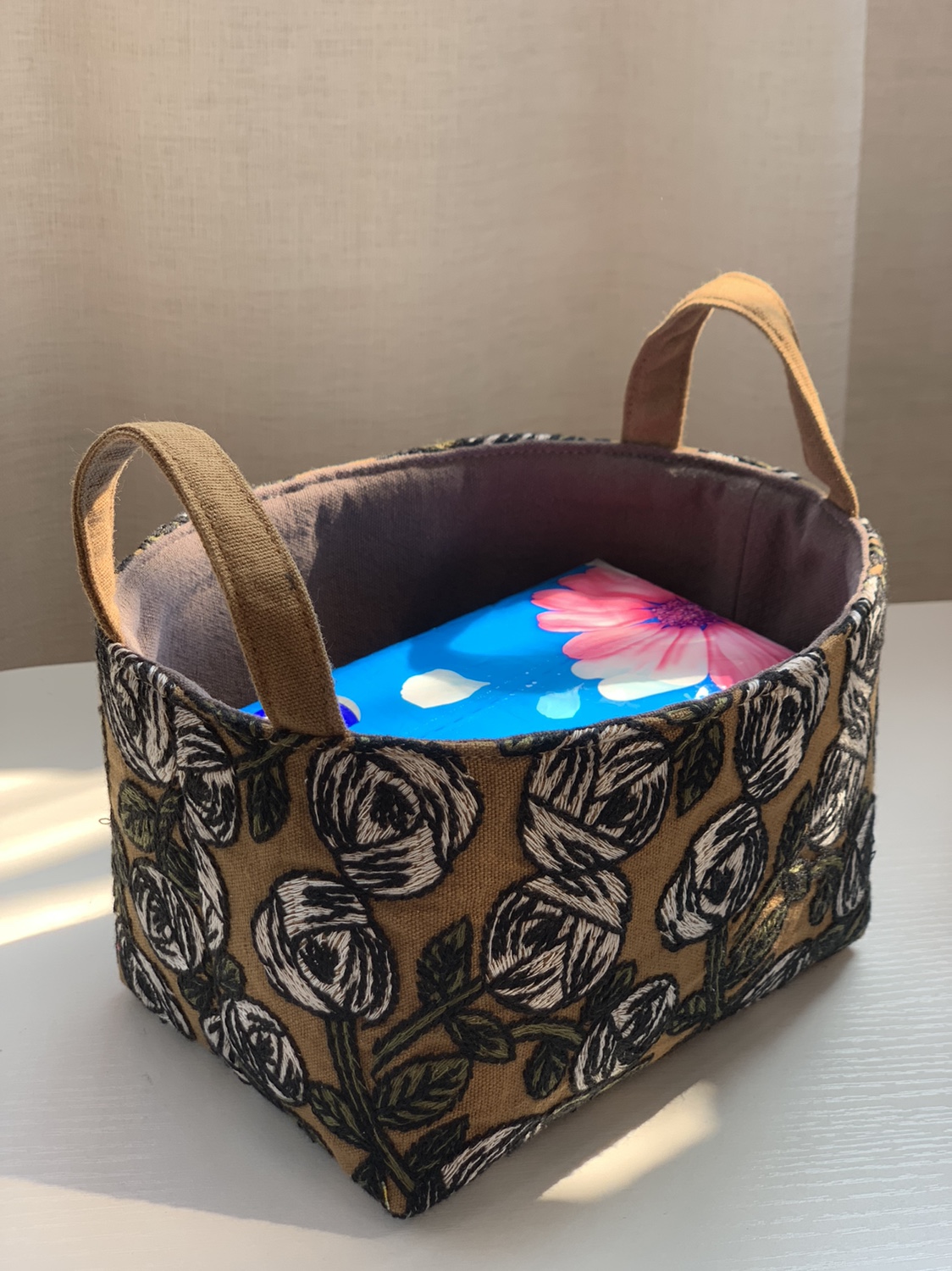 Treasures handmade custom cotton linen embroidery rose butterfly trail containing basket