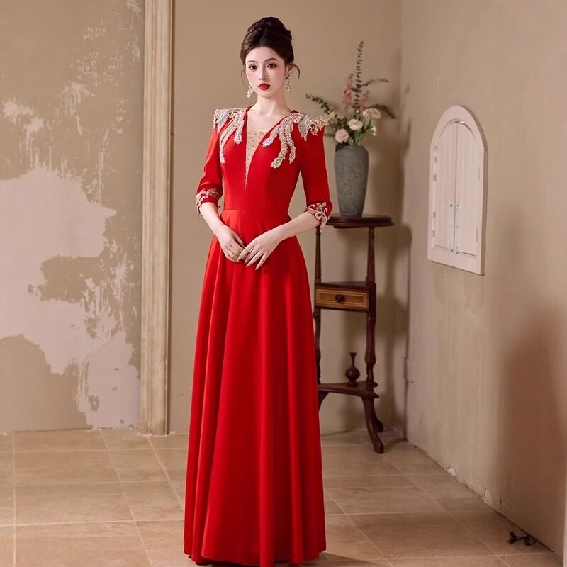 Choir Performance Dress for Women, New Long Dress, Elegant Host Style, Recital Evening Gown, Student Red Song Competition Costume