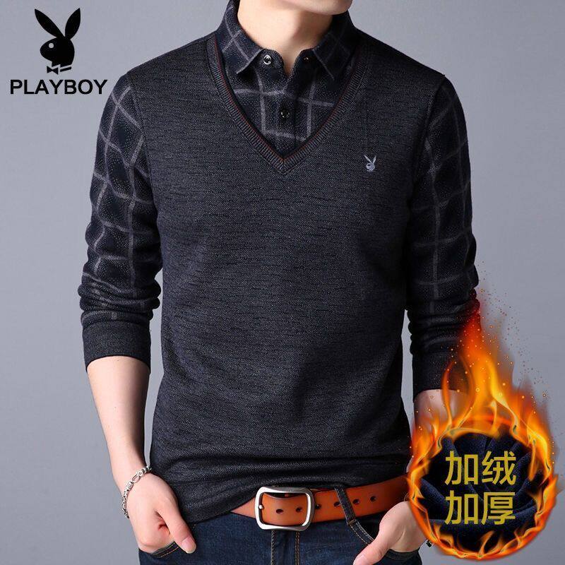 Playboy plus velvet thick thermal underwear men's fake two pieces of middle-aged and elderly pure cotton can be worn outside the bottoming shirt dad outfit