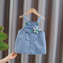Girl one-piece dress spring spring dress 2024 new female baby denim harness skirt child skirt Spring and autumn tide