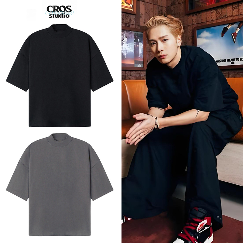 Jackson Wang's Same Style 320g Heavyweight American-Style High-End Half-High Collar Solid Color Short-Sleeve T-Shirt for Men, Summer Pure Cotton Top