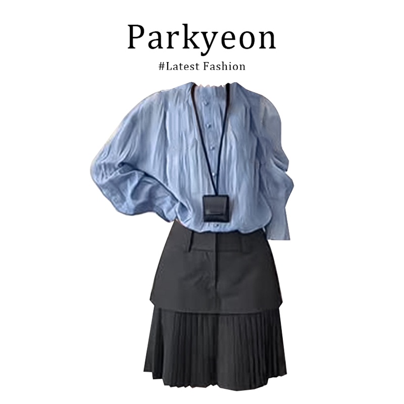 Parkyeon French-Style Stand-Up Collar Long-Sleeved Shirt for Women 2026 New Pleated Short Skirt, Very Beautiful Early Autumn Set