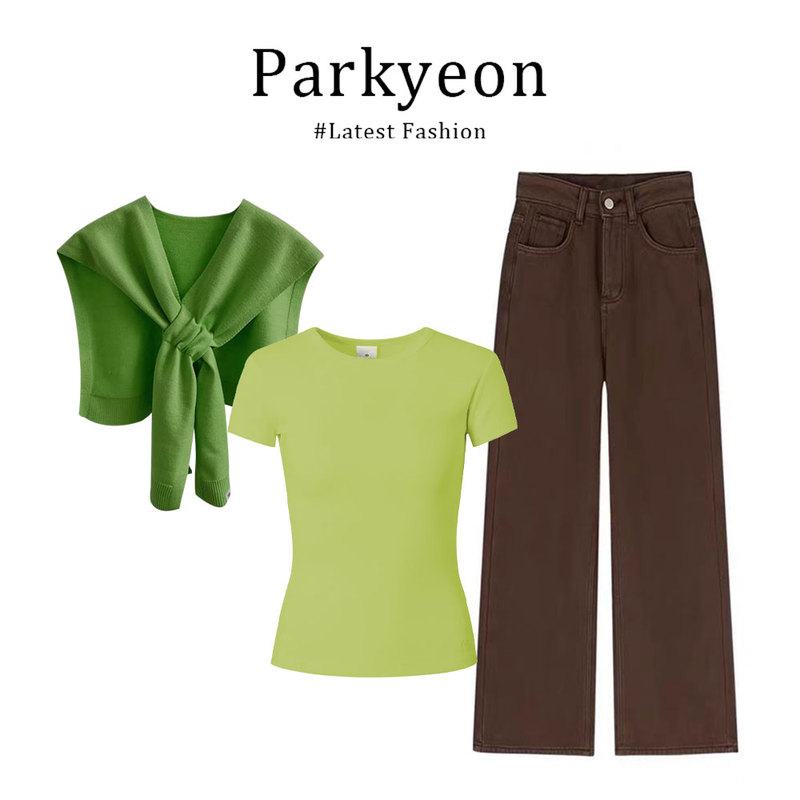 Summer Dopamine Outfit with Shawl, Avocado Short-Sleeve Regular Shoulder T-Shirt, High-Waisted Jeans Three-Piece Set for Women