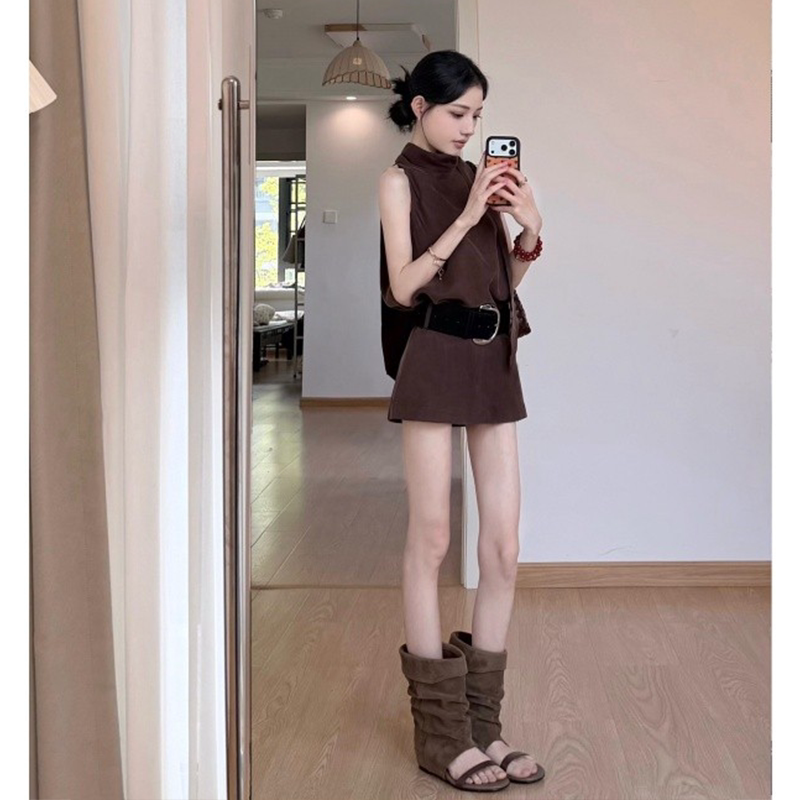 Parkyeon Maillard-Style Brown High-Neck Sleeveless Dress, Summer Waist-Cinching Slimming Hot Girl Short Bodycon Skirt