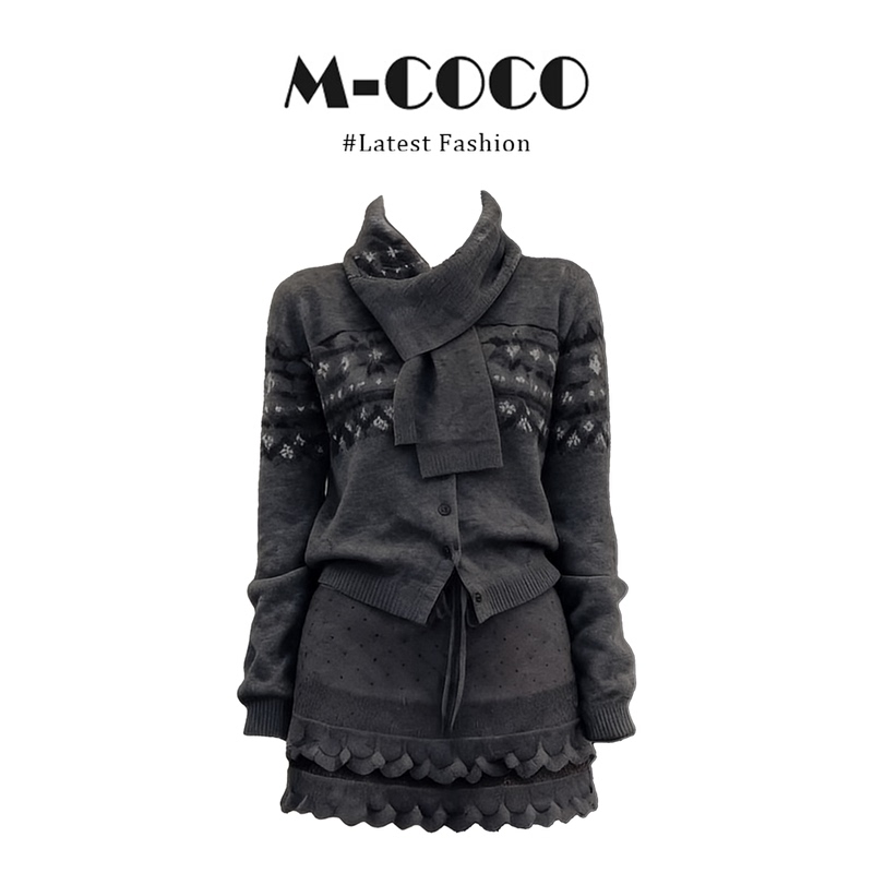 Parkyeon Korean-Style Fair Isle Scarf Collar Halter Knit Cardigan Coat with Ruffled Cake Skirt Set for Women