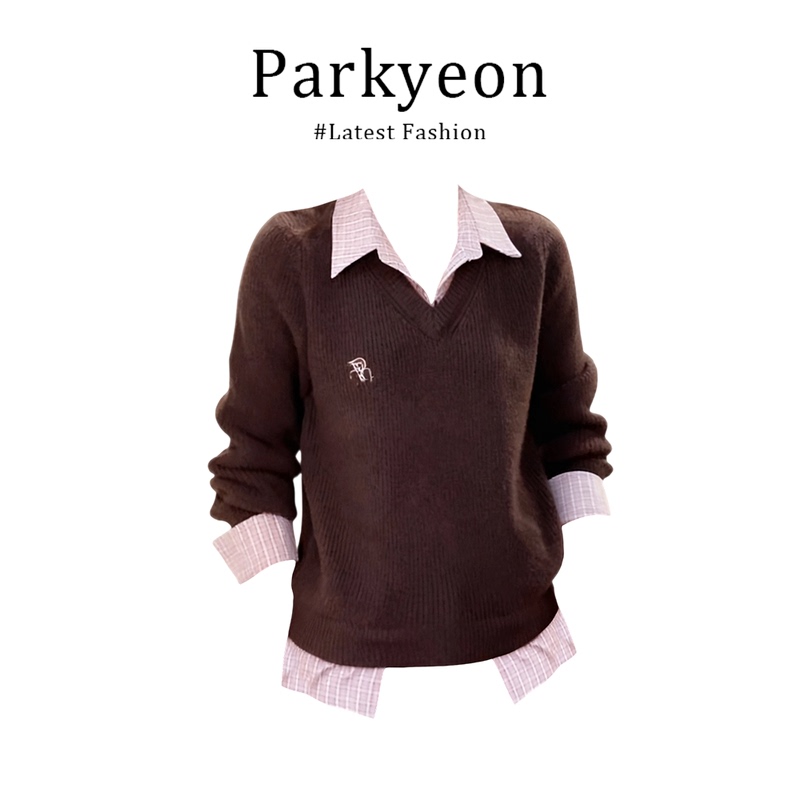 Parkyeon Korean Style Preppy Fake Two-Piece Polo Collar Sweater for Women 2026 Autumn and Winter Design Lapel Pullover Parkyeon Korean Style Preppy Fake Two-Piece Polo Collar Sweater for Women 2026 Autumn and Winter Design Lapel Pullover