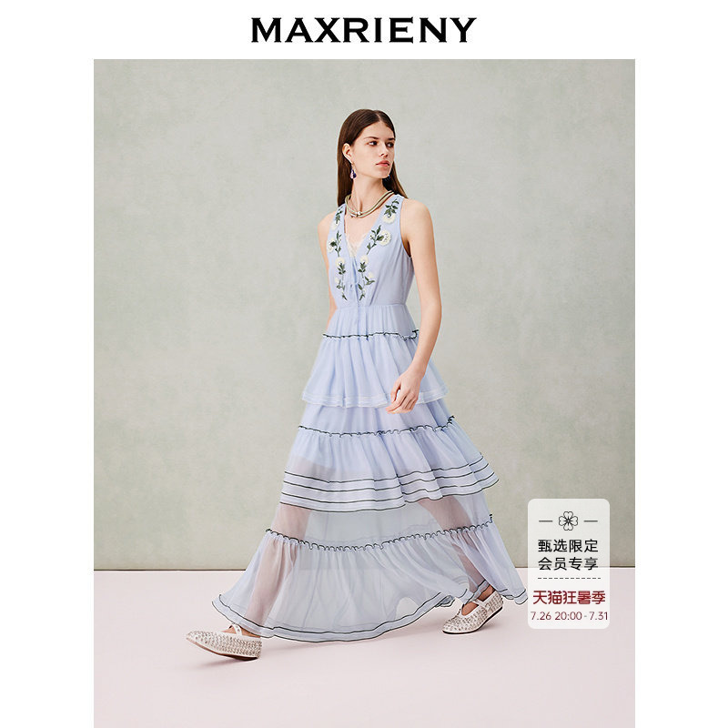 [Same Style as Zhao Zhaoyi] Maxrieny Plant Embroidery Blue Dress 26 Summer Sleeveless V-Neck Long Dress