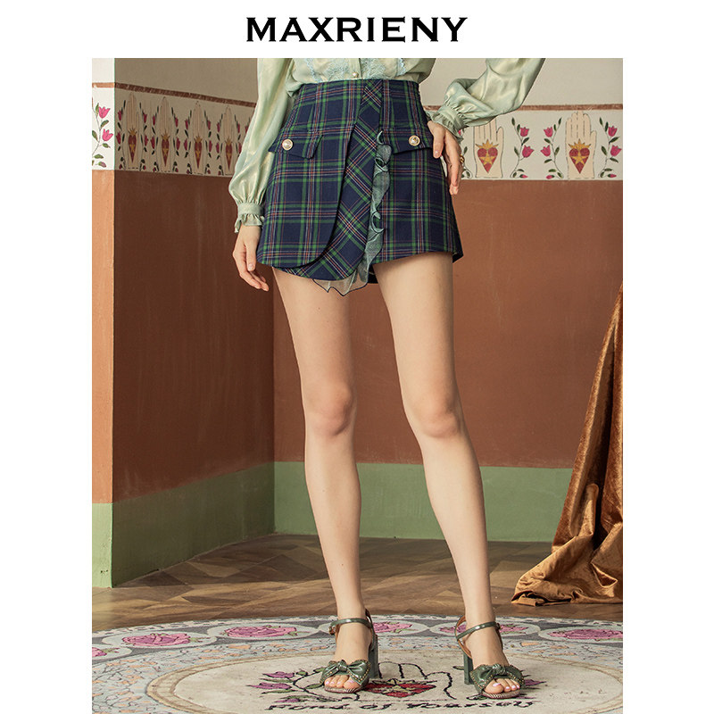 MAXRIENY2020 spring new retro fashion plaid high waist shorts women's ruffle wide leg pants are thin and trendy