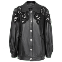Straightforward retro black genuine leather small off-shoulder leather jacket 2023 autumn