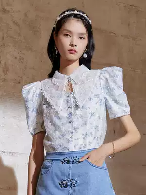 (the same style in the mall)MAXRIENY national style blue and white porcelain shirt 2021 autumn new women's short-sleeved lace shirt