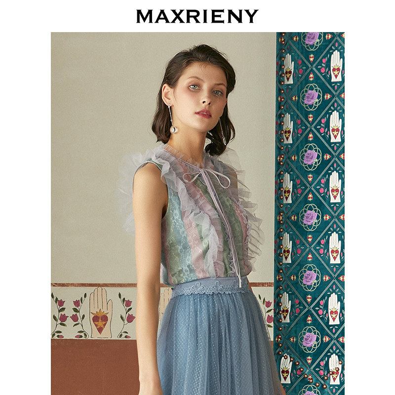 MAXRIENY summer temperament lace shirt short bottoming shirt sleeveless mesh top female western style small shirt all-match