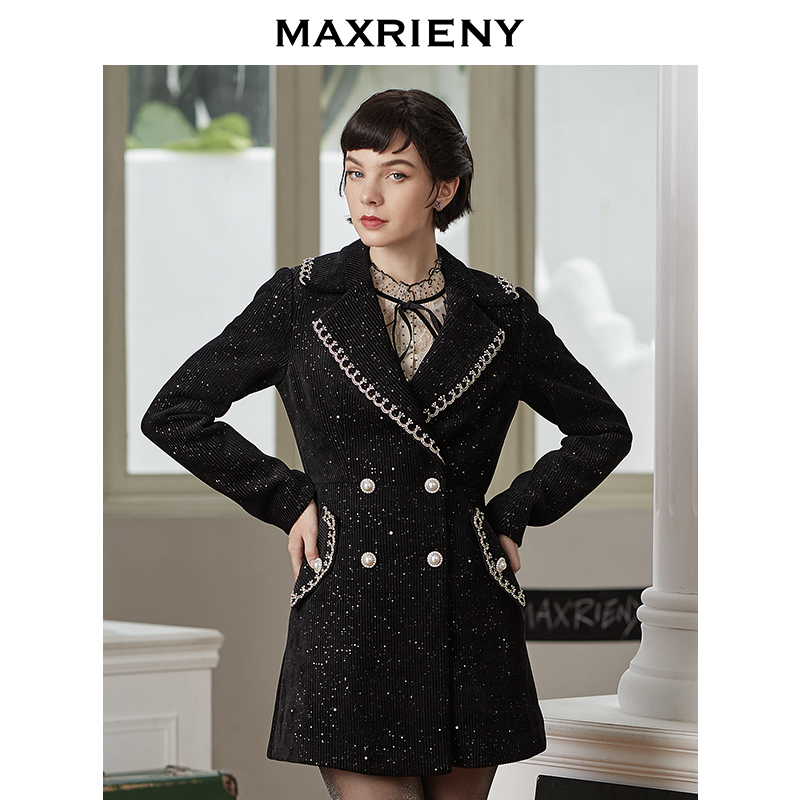 MAXRIENY2020 Winter New Vintage Black Long Sleeve Straight Dress Coat Mid-Length Jacket Woman