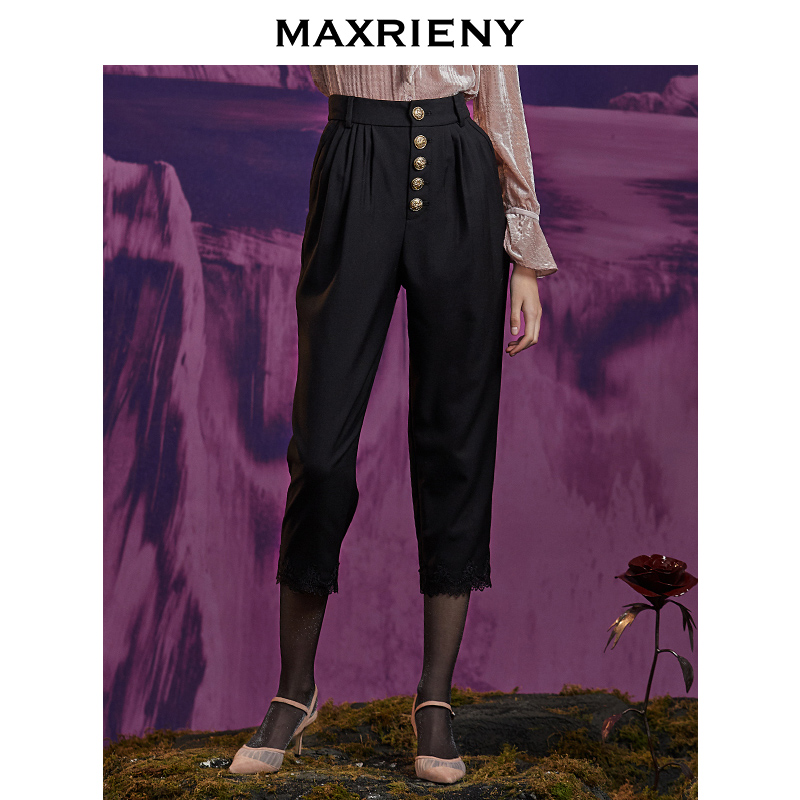MAXRIENY new retro classic black lace trousers women's slim breasted pants