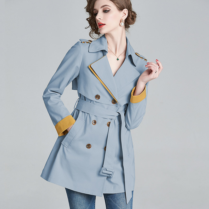 2022 spring new double-row buckle 100 hitch elegant and reduced fashion windcoat jacket woman mid-length version little guy