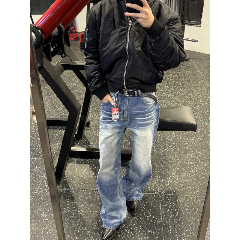 Urinie19 Ice Blue Whiskered Cow King Blue Washed A-Line Baggy Straight Loose Cleanfit Jeans Urinie19 Ice Blue Whiskered Cow King Blue Washed A-Line Baggy Straight Loose Cleanfit Jeans