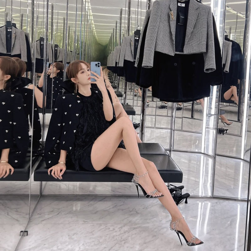 Yang Shulin Sandals Rose Park Chae-Young Same Style 2023 Spring/Summer New Model Thin Heel Pointed Toe Metal Chain Super High Heels Yang Shulin Sandals Rose Park Chae-Young Same Style 2023 Spring/Summer New Model Thin Heel Pointed Toe Metal Chain Super High Heels