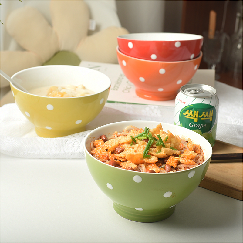 Beauty Blue Ceramic Korea Ins Po Dot High Foot Bowl Home Student Bubble Noodles Bowl Dish Bowl Fruit Salad Soup Bowl Blemish