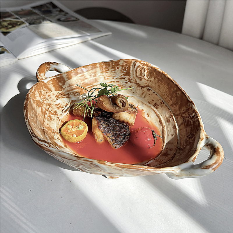 【Unique and Quirky Handmade Stoneware Tableware】 ins Ceramic Restaurant Japanese-Style Double-Handle Bowl Salad Plate Household Dish Bowl 【Unique and Quirky Handmade Stoneware Tableware】 ins Ceramic Restaurant Japanese-Style Double-Handle Bowl Salad Plate Household Dish Bowl